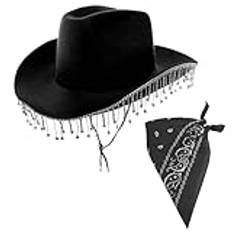 I LOVE FANCY KLÄNNING svart diamant cowboyhatt & bandana – paket med 3 – svart cowboyhatt med strassfrans och svart paisleybandana – vuxna möhippa vilda västern kostym tillbehör set