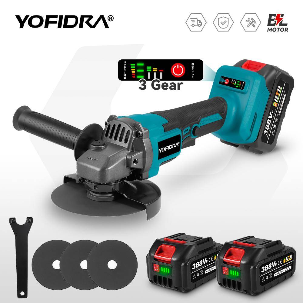 YOFIDRA 125mm Borstlös Elektrisk Vinkelslip – 3-Växlad Sladdlös Kap- & Slipmaskin Träbearbetnings Elverktyg För Makita 18V Batteri 2 Battery