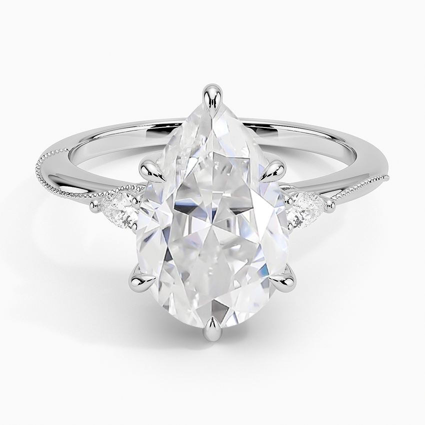 14K White Gold Moissanite Camellia Three Stone Pear Diamond Ring