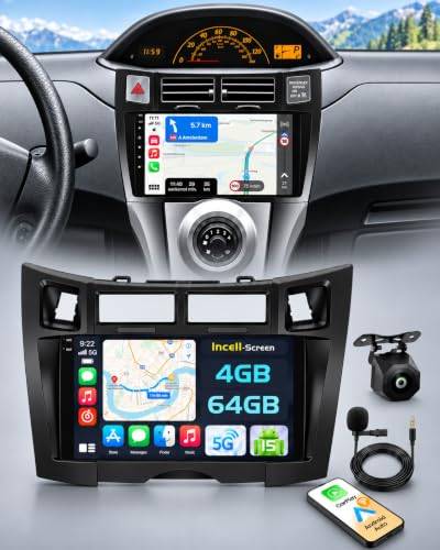 Hikity Android 15 4+64GB bilradio carplay för Toyota Yaris/Vitz 2005–2011 Aves 9 tum pekskärm, Auto Radio Aves trådlös Carplay Android Auto, BT/wifi/FM/RDS+backkamera + MIC