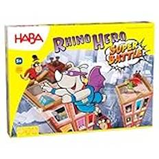 Haba 302808 – Rhino Hero – Super Battle, spännande 3D-stapelspel för barn från 5 år, skicklighetsspel till bästsäljaren Rhino Hero, rekommenderat av årets "barnspel" åry