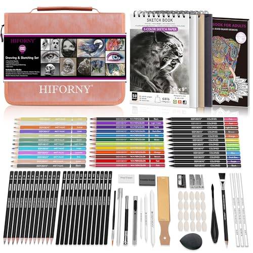 HIFORNY 100 st ritnings- och skissningsset, professionella konsttillbehör med grafit, kol, färgad, akvarell, metallpennor, blandningsverktyg, skissbok och målarbok i blixtlåsfodral (rosa)