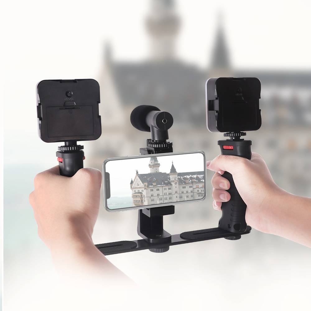 Handheld Microphone Dual Light Vlogging Rig Kit with Tripod