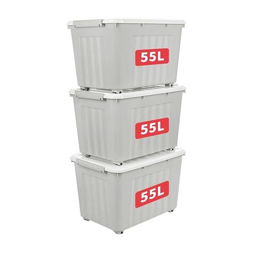 Cetomo 55 L x 3 förvaringslådor med lock, plastförvaringslåda med hjul och säkra sidolåsar, stapelbar och stapelbar organiserare för hem, kontor, flyttning, PP, grå, 55 L-3-pack