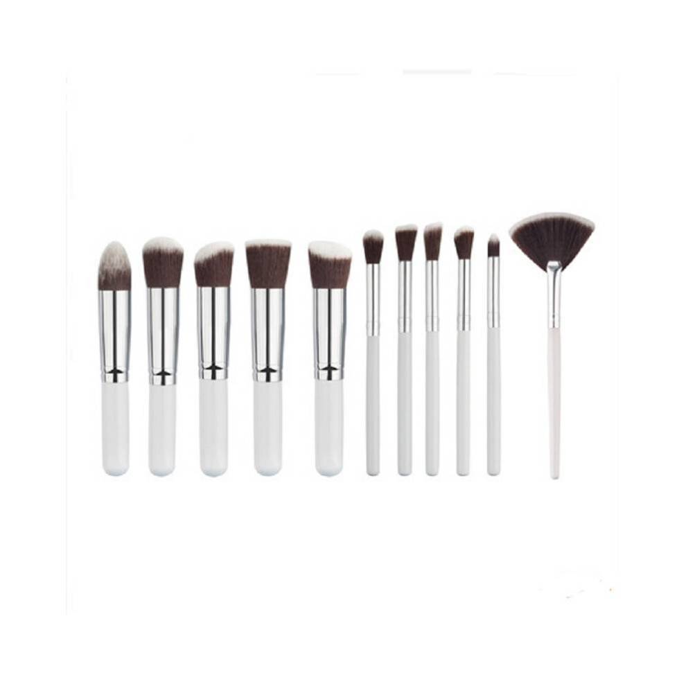 (11Pcs White Silver Fan)Makeup Brush Collection Foundation Eye Contouring Supplies Beauty Use Daily