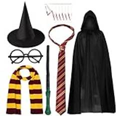 Kavoc Wizard World cosplay outfit röd gul randig halsduk fluga häxa hatt svart glasögon cape för värld bok dag utklädningsmaterial (S)