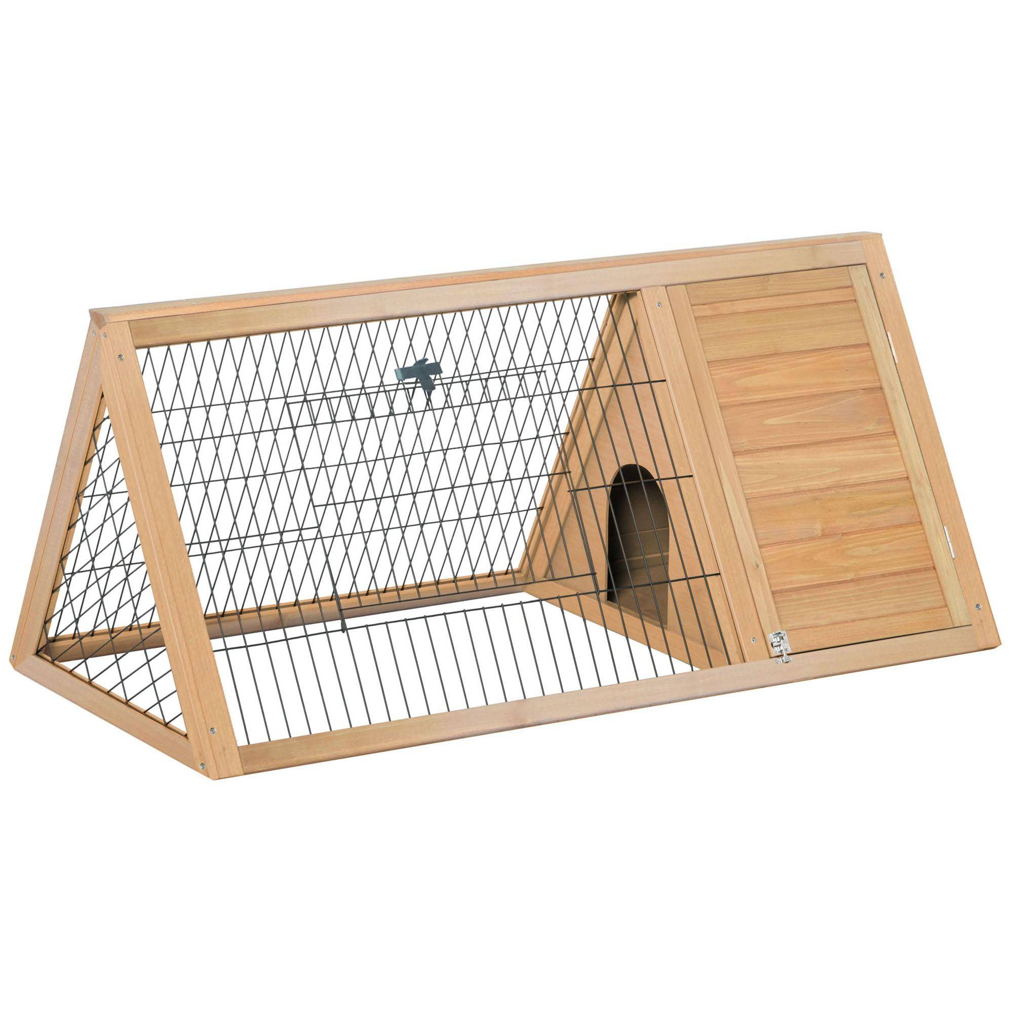 Triangulärt golvbur utomhusanläggning skydd dubbeldörr lämplig för kaniner höns landsköldpadda dim. 116L x 62,2B x 52,5H cm massiv furu