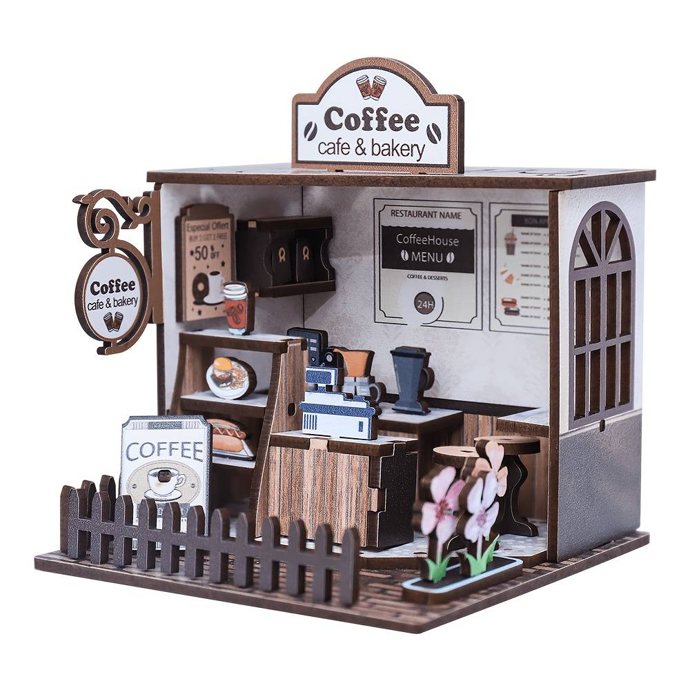 Miniature Cafe House Kit Featuring A Easy Wooden Book Nook With , Decorative Dollhouse Miniatures, Collectible Buildings, And Additions Christmas, Halloween
