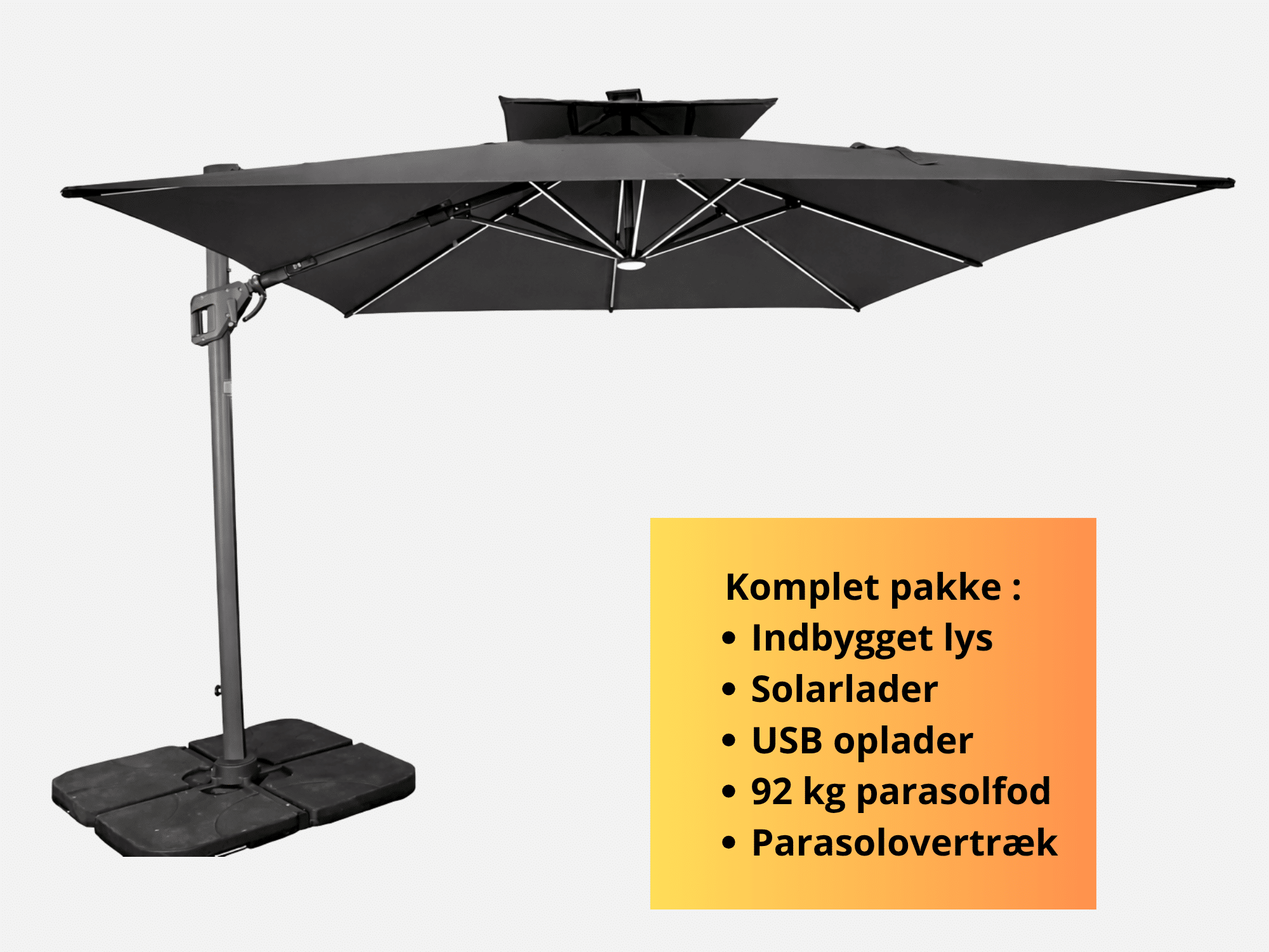 Hængeparasol 3X3 meter ANTRACIT Linhai med LYS.