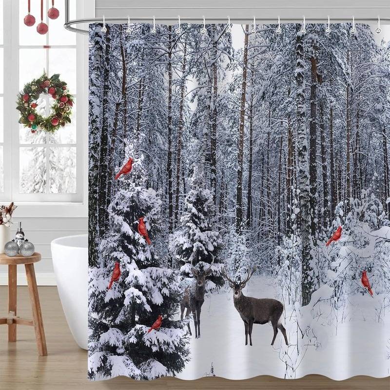 Winter Snow Forest Elk Red Cardinal Nature Christmas Shower Curtain No Drilling 12 Hooks Bathroom Decor Set