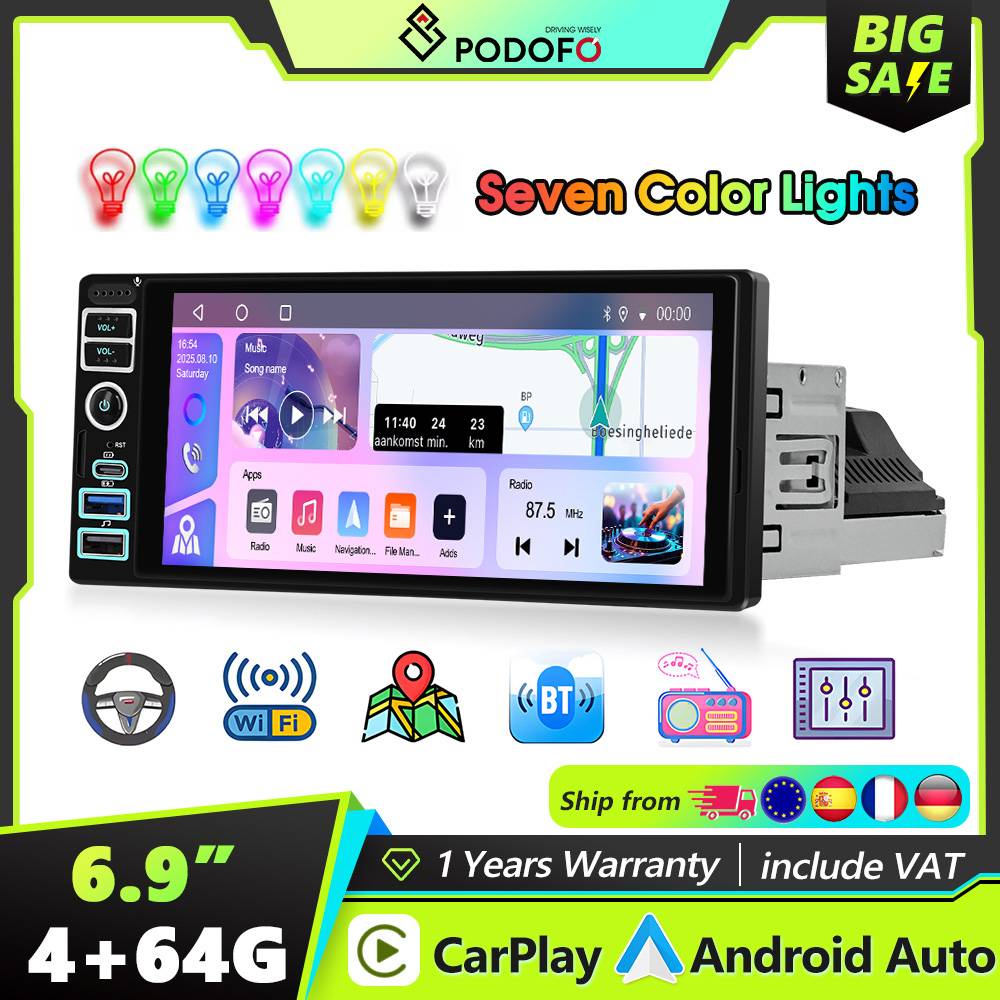 Podofo 4+64G 1 DIN Android Car Radio AI DSP Carplay Android Auto Mirror Link GPS Navigation Wifi Car Intelligent System FM/RDS