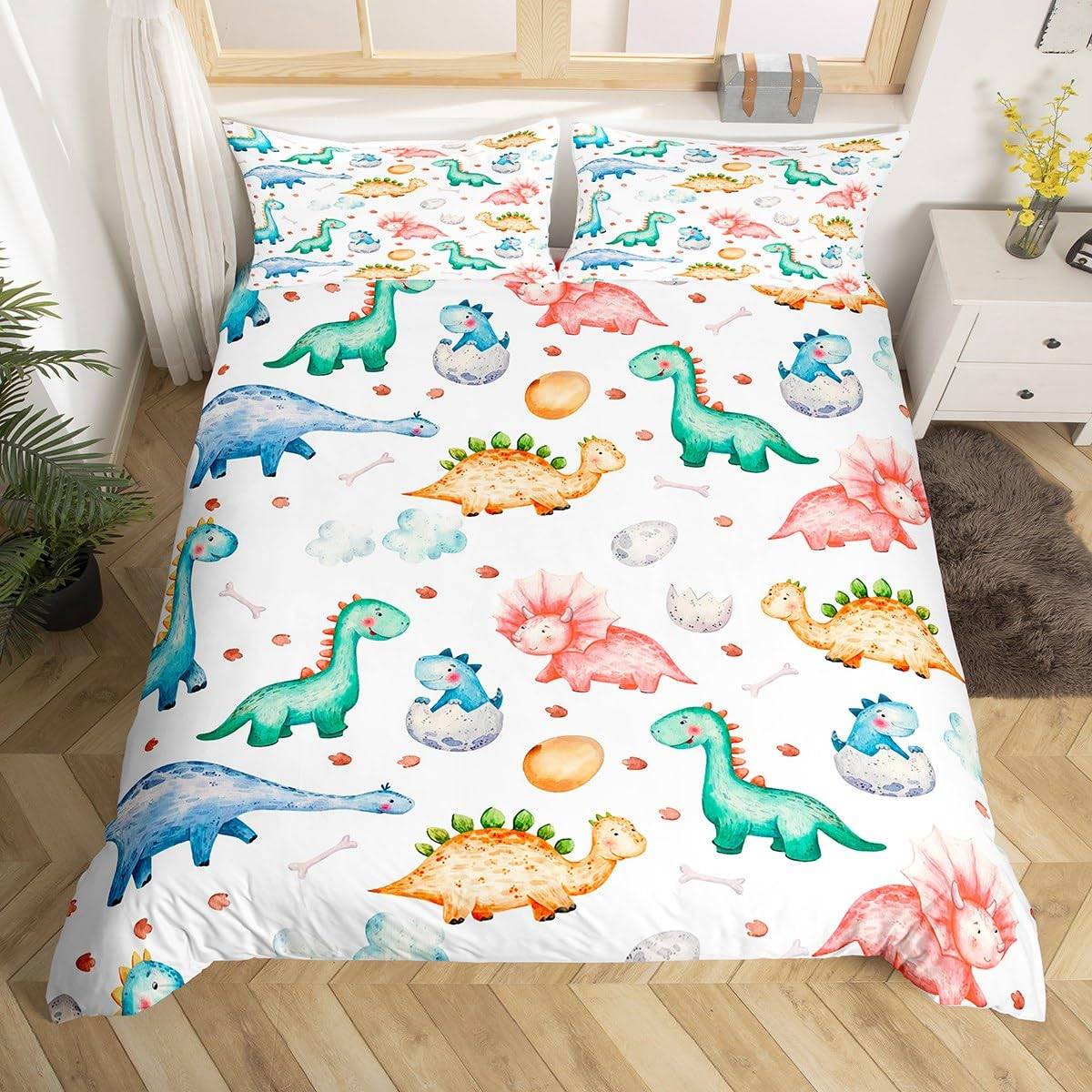 Dinosaurie Påslakan Pojkar Flickor Söt Tecknad Vild Dino Sängkläder Set för Barn Djungeldjur Täckeöverdrag Kawaii Quiltöverdrag EU Single(135x200cm)