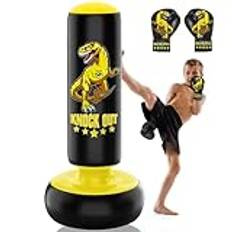 JUOIFIP Skoväska för barn - 160 cm fristående boxningsset med boxningshandskar - vild dinosaurie, sport, uppblåsbar kickboxningsväska för träning, karate Taekwondo MMA- gul