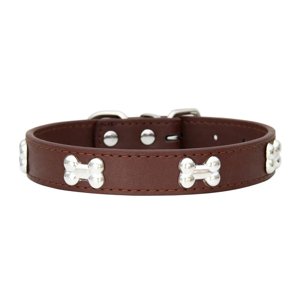 Durable Leather Dog Collar with Bone Design for Small to Large Dogs - Coffee / XS（old） (XS（old）)