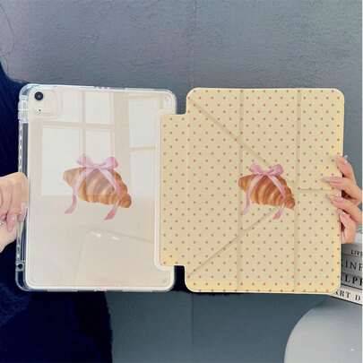 1 st vintage rosa prickig croissant med rosa rosettmönster, 3+Y-vikning, multifunktionellt magnetiskt ställ, surfplattaskydd med pennfack och auto sle - Multifärgad (Multi-size)