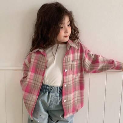 Ung flicka rutig casual koreansk stil fräsch söt långärmad skjorta, sommar - Rosa (6Y,7Y,4Y,5Y)