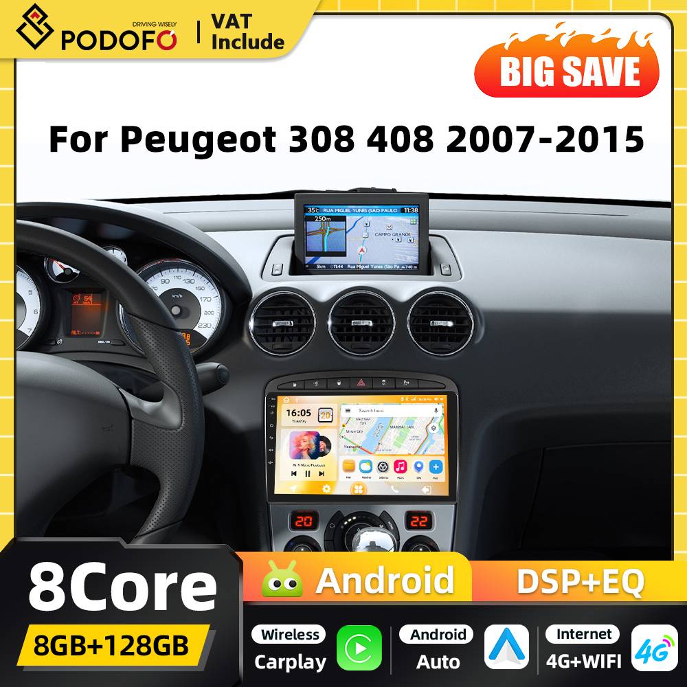 Podofo 8+128G 2din Android Car Multimedia Playerfor Peugeot 308 408 2007-2015 GPS Navigation Carplay Android Auto WIFI DSP FM RDS Bluetooth