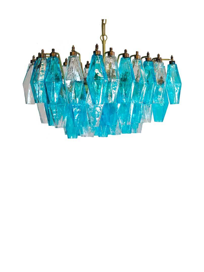 Murano ljuskrona Poliedri 56 glas Blå/Klar Matt guld med patina