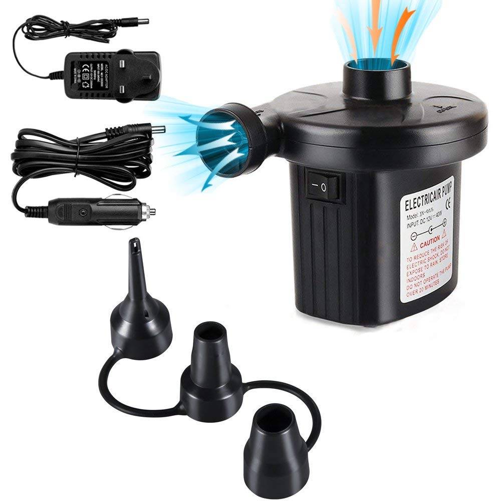 Uk kontakt elektrisk luftpump tvåvägs luftpump med 3 munstycken , 220v ac /12v dc 2 in 1 bärbar luftmadrasspump universal elektrisk