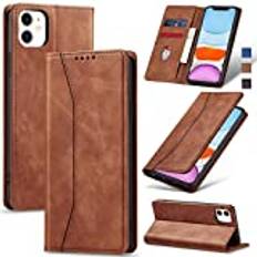Jasonyu Skal för iPhone 11, Premium Läder Vikbart Skyddande Fodral [Hölster, Magnetisk, kortfack, stativfunktion] Wallet Leather Case Cover (Brun)