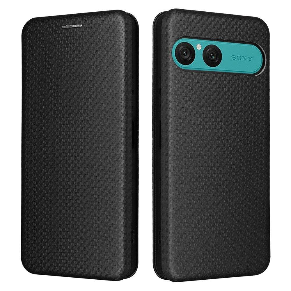 Sony Xperia 10 VIII EIDERWOOD Konstläder Fodral med Kolfiberstruktur och Kickstand Rem - Svart
