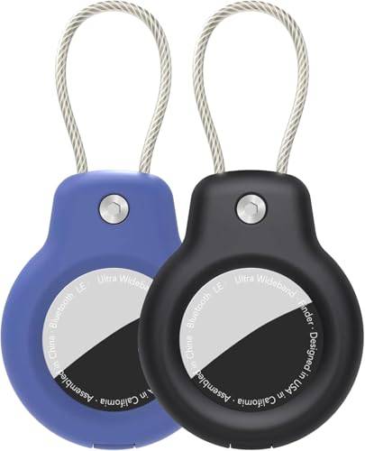 SPGUARD Kompatibel med Apple AirTag hänge säker hållare med kabel, 2-pack Air Tag Lock Case nyckelring fodral bagageetikett för nycklar, bagage med mera (svart och blå)