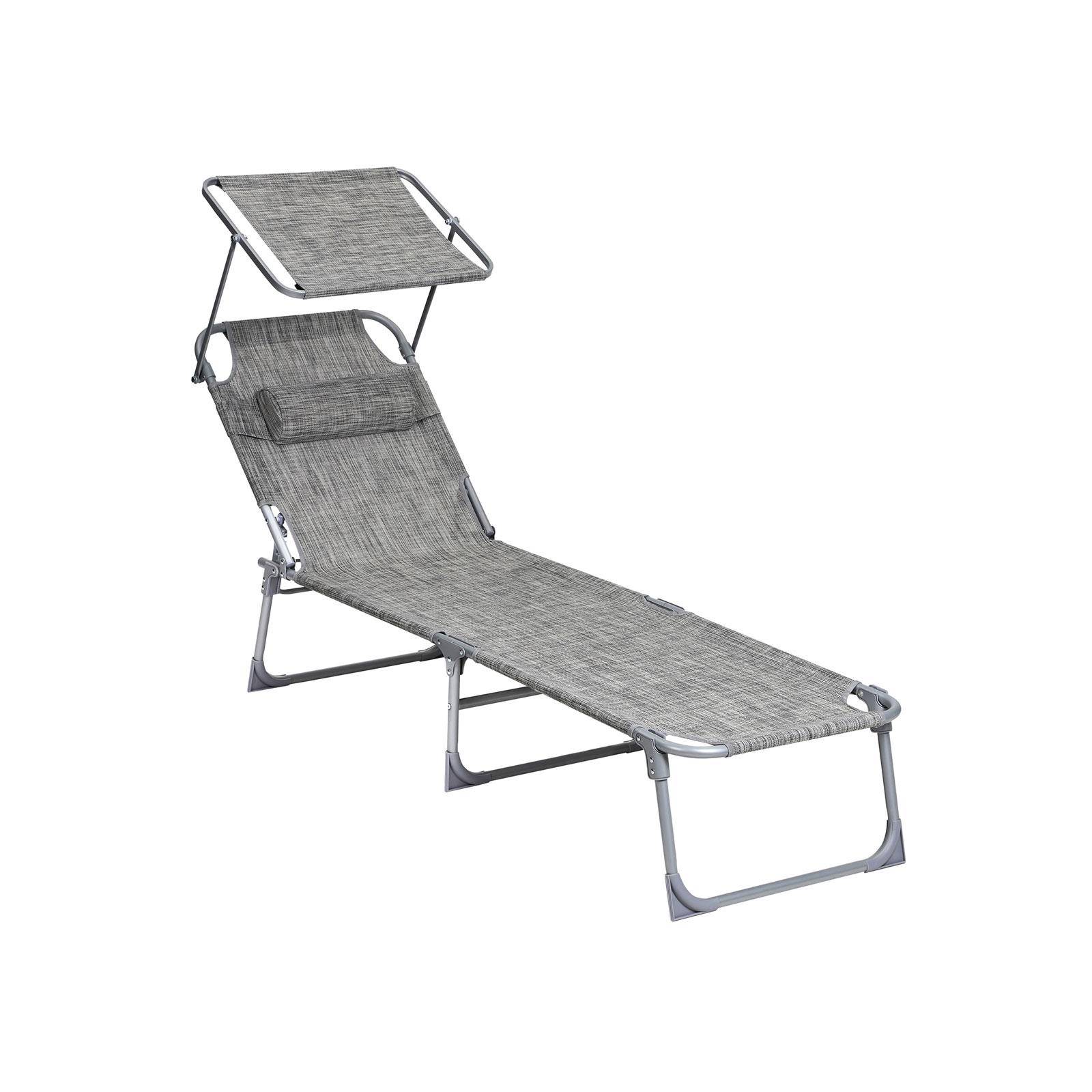 Solstol/solseng med nakkepude og solskærm - justerbar ryglæn, foldbar, letvægt, 53 × 193 × 29,5 cm, bæreevne 150 kg - greige