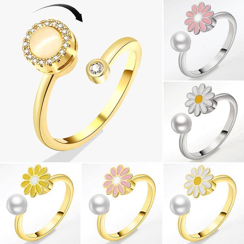 SMJEL Tusensköna Ring Fidget Ring Anti-Stress Frigöring Snurrande Ring Ångest Blomma Trend Pärla Roterande Smycke för Kvinnor Festpresent gray