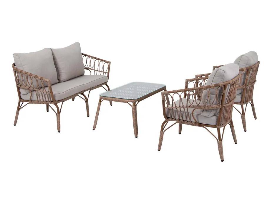 Sunzo Nimbus soffgrupp Natur med beige dyna 2-sitssoffa, 2 fåtöljer & bord 90x50 cm Natur med beige hynde 2-sitssoffa, 2 fåtöljer & bord 90x50 cm