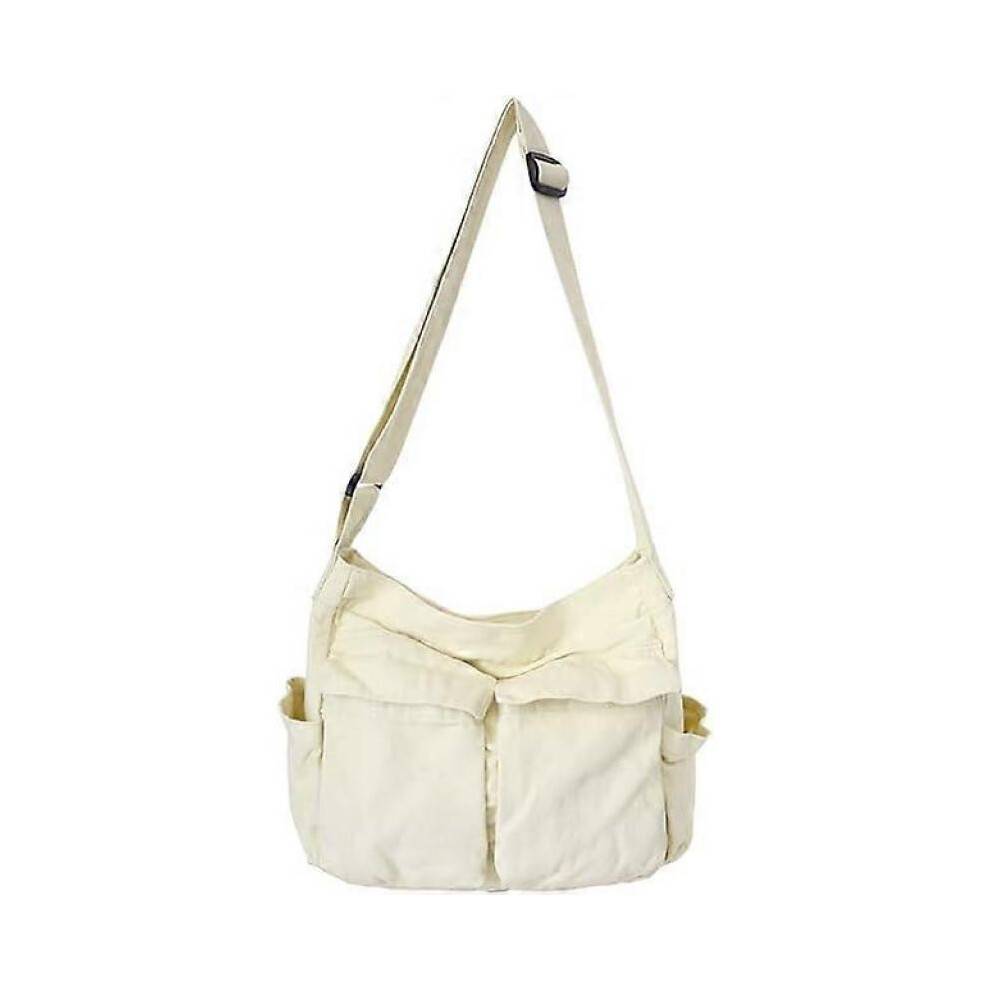 Canvas Shoulder Bags for Women, Large Capacity Solid Soft Denim Leisure Travel Bag Multiple Pockets Denim Bag with Adjustable Shoulder Straps(White)