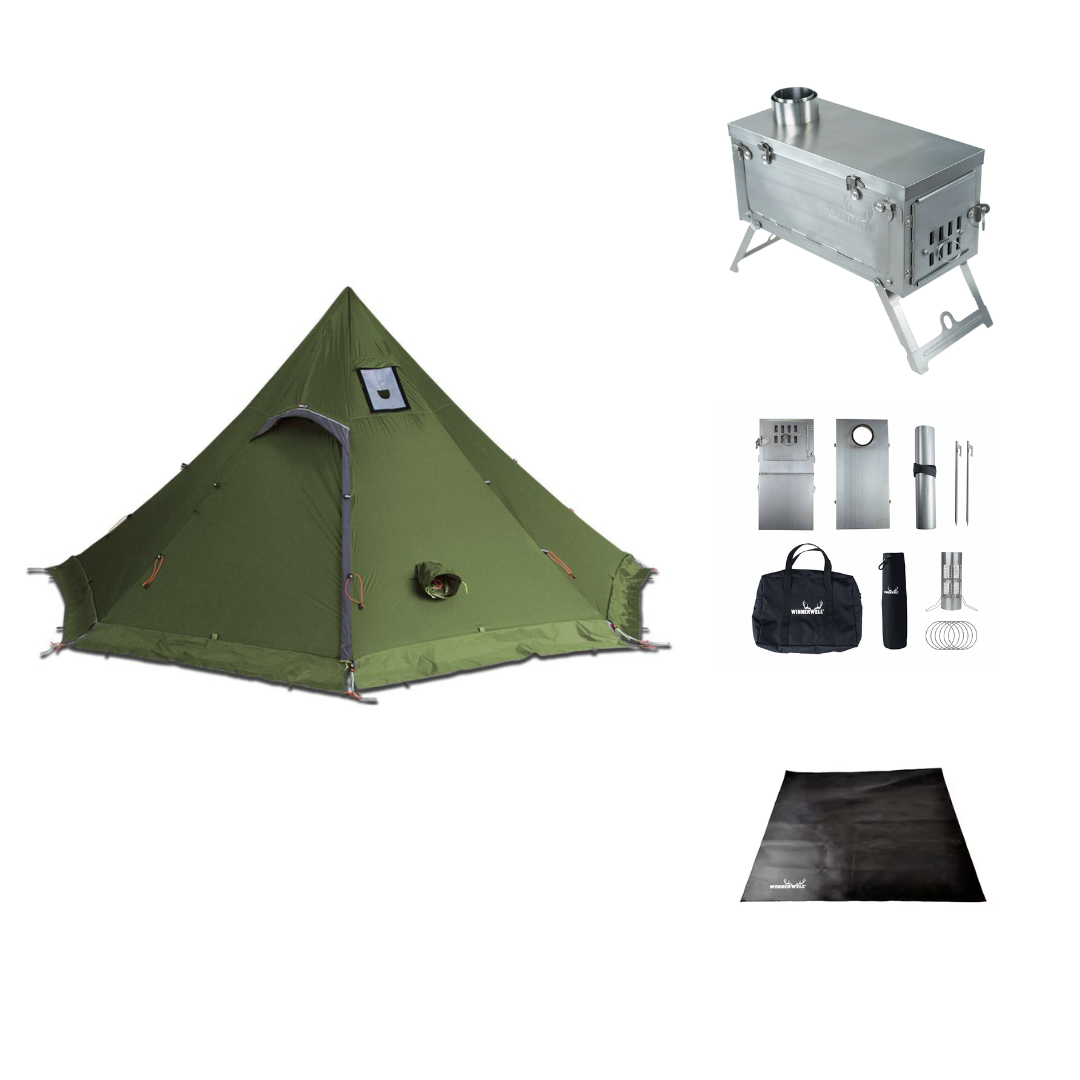 Komplett vintertält med kamin:  Luxe F8e med kamin & tältstav