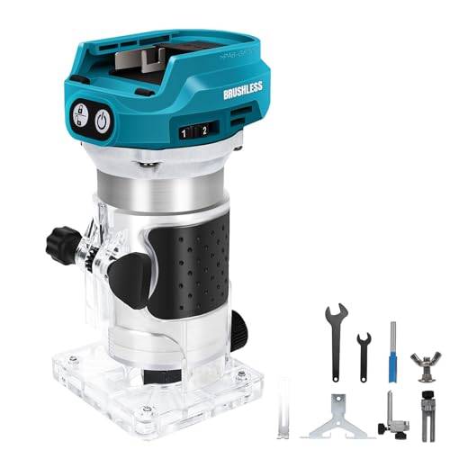 Batteridriven handöverfräs kompatibel med Makita 18 V batteri, 1300 W borstlös kantfräs med 6 hastigheter, rak styrning, styrhjul, fräs och 2 nycklar, batteri-trätrimmer (utan batteri)