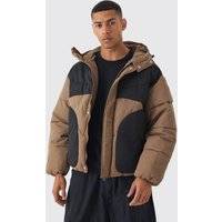 Mens Colour Block Quilted Hooded Puffer In Beige