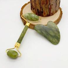 2-delars jade- och gua sha-set, ansiktsrullemassage med gua sha-skrapverktyg, föryngrar ansikte och hals, tar bort rynkor och svullnader under ögonen - Olivgrön