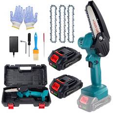 Awardroom Mini motorsåg med batteri, 21 V 4 tums minibatteri motorsåg med 2 batterier och laddare, enhandsmotorsåg med stänkskydd och säkerhetsspärr LED-belysning för trädgårdssax grensax H