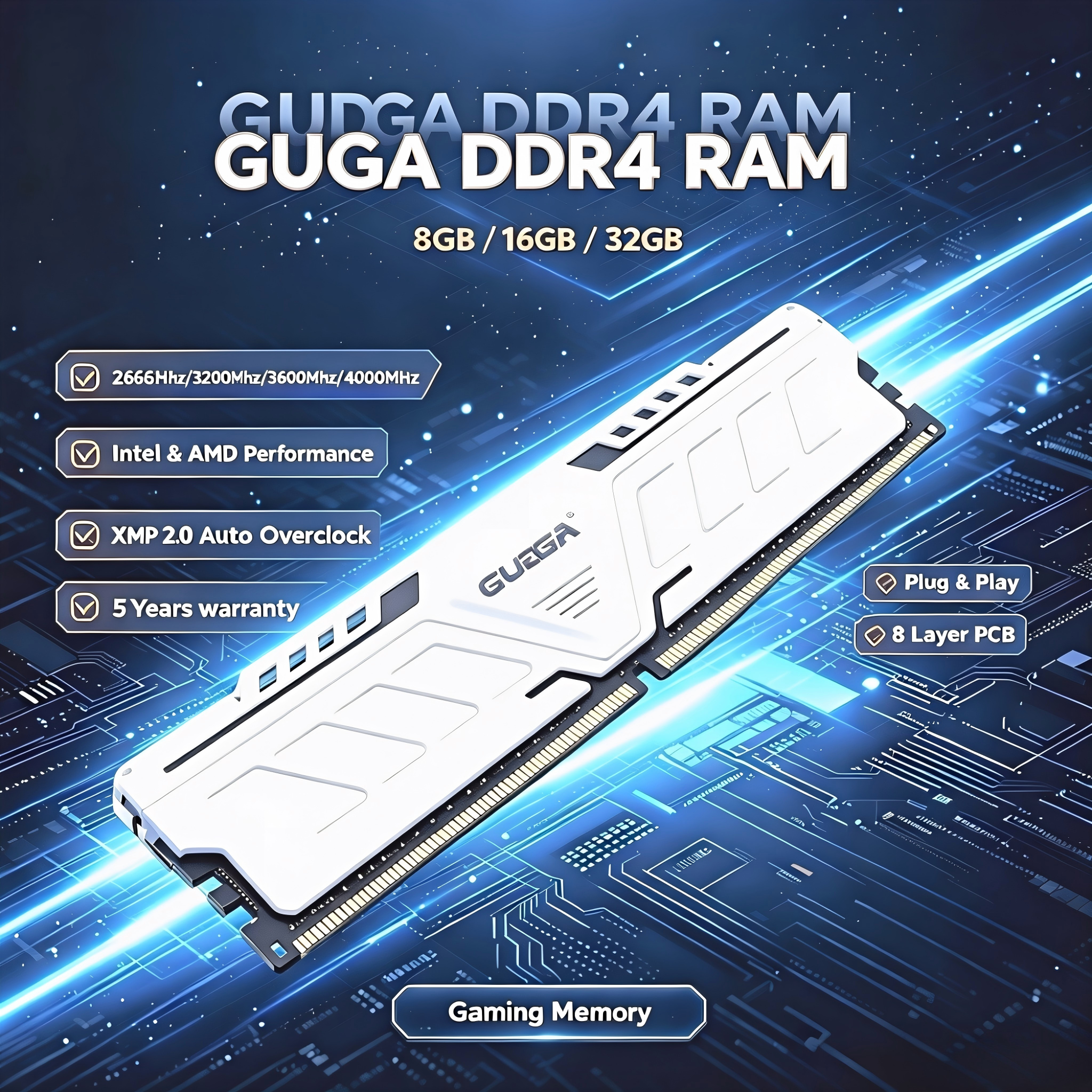 GUDGA DDR4 Ram 3200MHz/3600MHz/2666MHz 8GB/16GB/32GB 288-Pin DIMM Desktop Memory with Aluminum Heatsink