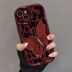Mjukt skal med målad tecknad fjäril och blomma, galvaniserat och krämfärgad textur, kompatibelt med IP17/IP17PROMAX/Iphone16//Iphone16pro/Iphone16prom - Multifärgad (Multi-size)