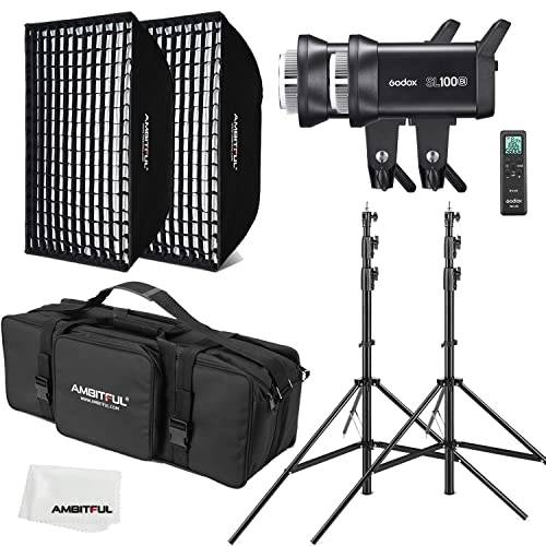 GODOX SL100Bi 2X 100W Dual colour temperature LED video light + 60 x 90 cm softbox, light stand, honeycomb grid, with remote control Suitable for film studios, photo studios