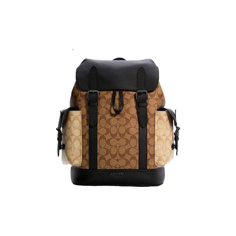 Coach Hudson 26 Classic Monogram Color Block Flap Large Capacity Canvas And Leather Backpack Men Backpacks Khaki-Brown Black C6081-QBT5K Basic Set (Bag+Dust Bag)