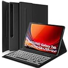 Tangentbordsfodral för Samsung Galaxy Tab S10 Plus (2024)/S9+/S7 FE/S7 12,4 tum – TPU-skyddsfodral med pennhållare, tysk QWERTZ Bluetooth magnetiskt tangentbordsfodral för S9Plus/S8Plus/S7FE