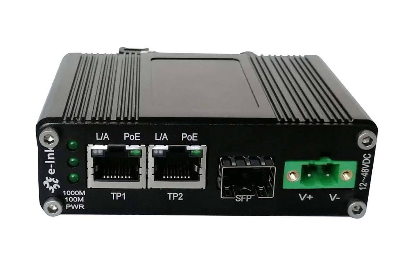 Industriell omvandlare, SFP, dubbla RJ45 samt PoE 60W