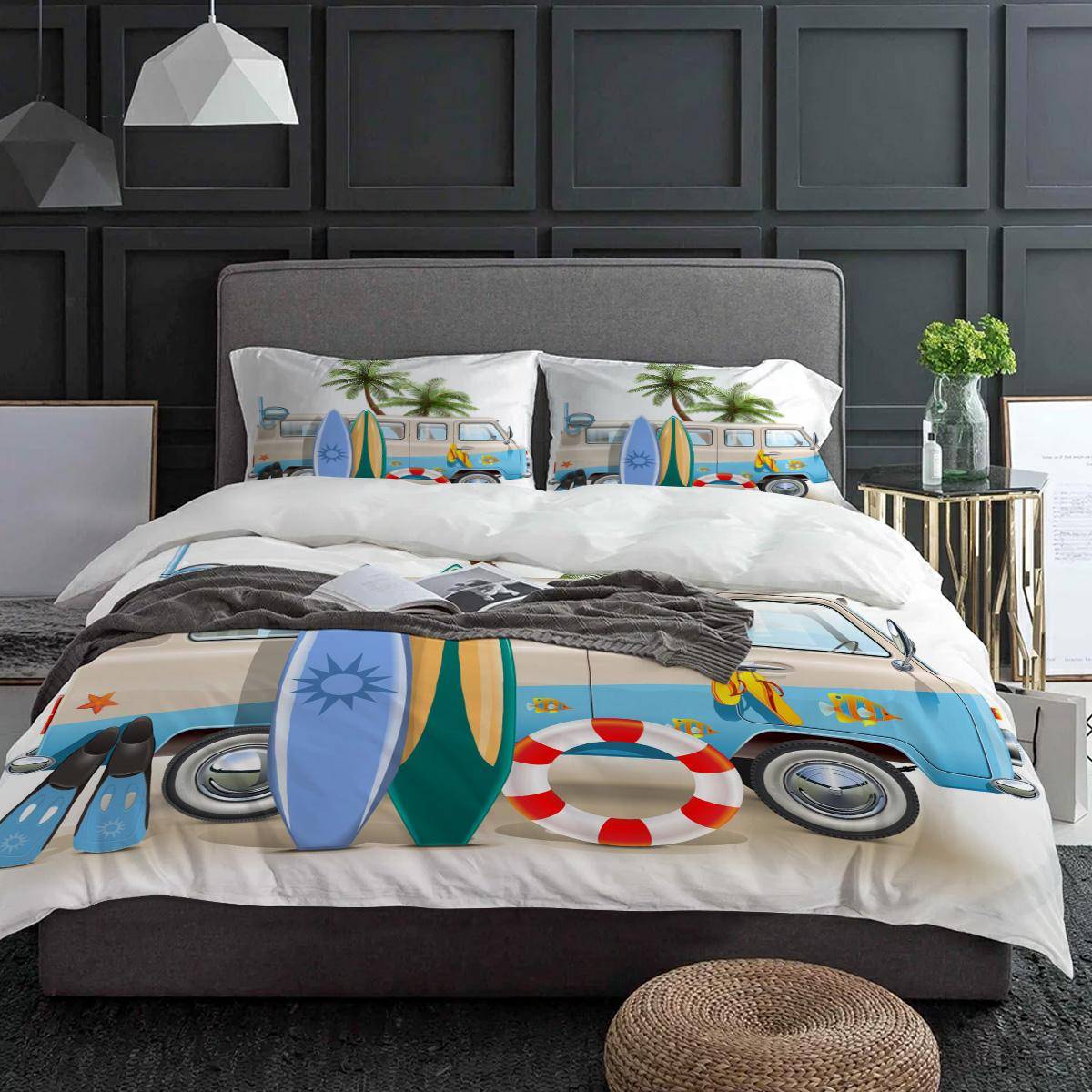 Semester Bil Surfbräda Sängkläder Set 3 st Pojkar Flickor Påslakan Örngott Barn Vuxen Täcköver Dubbelsäng Set Hemtextil EU single(135x200cm)