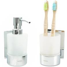 Dolvhin® Seifenspender und Zahnputzbecher Set | Milchglas Handseifenspender & Zahnbecher | Edelstahl Zahnputzbecherhalter ohne Bohren | Wandseifenspender zum Kleben | Badezimmer Set | Chrom poliert