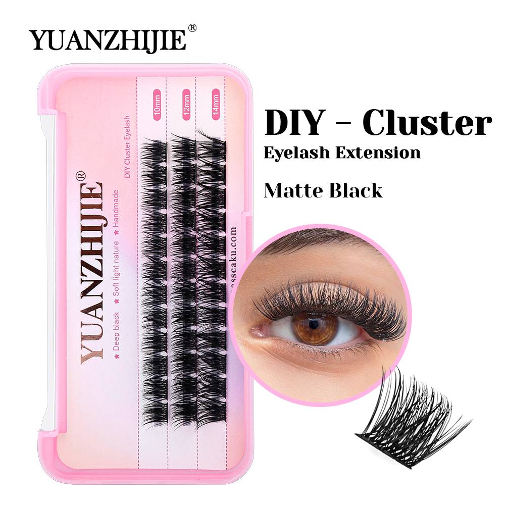 YUANZHIJIE New Style Premium Velvet Fiber DIY Clusters Lash 10-14mm Mix Size Fluffy Matte Black Segmented Hybrid Lashes in Stock