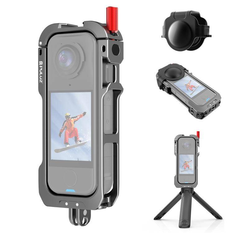 För Insta360 X4 Air PULUZ Metallskyddande Bur Expansionsram med Klämfästen & Linskydd (Grå) mörkgrå färg