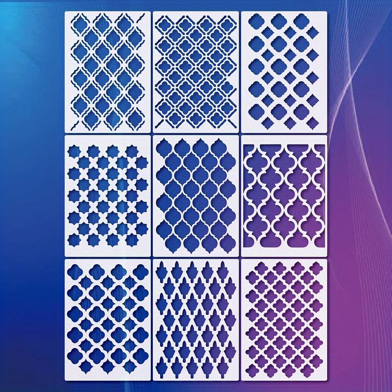9PCS A4 Geometric Stencil Set, Reusable Patterns for DIY Projects, Decorative Templates for Walls, Canvas, Furniture, Fabric – P