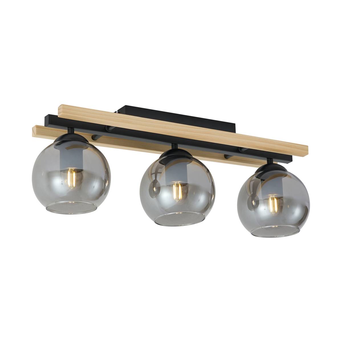 Smart Ceiling Lamp Black with Wood and Smoke Glass 3-Lights incl. WiFi A60 - Aleks