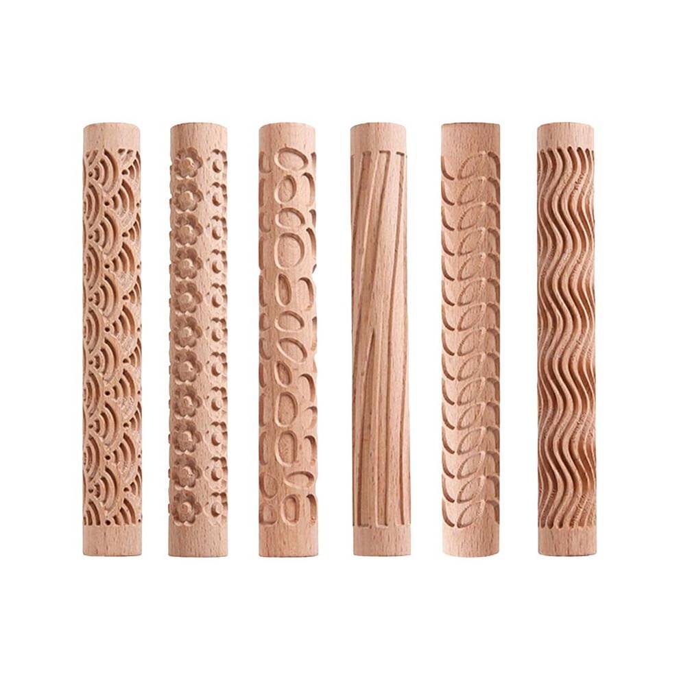 6 St Clay Modeling Patterns Rollers, Texture Rollers för Clay Trähandtag Keramikverktyg Stars Wood Wave