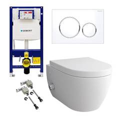 Alpenberger Wand WC Spülrandlos | Taharet WC mit Armatur | WC Sitz mit Absenkautomatik | WC Spülkasten Bausatz Betätigungsplatte | Vorwandelement WC Set Komplett | Passend Geberit (7150U)