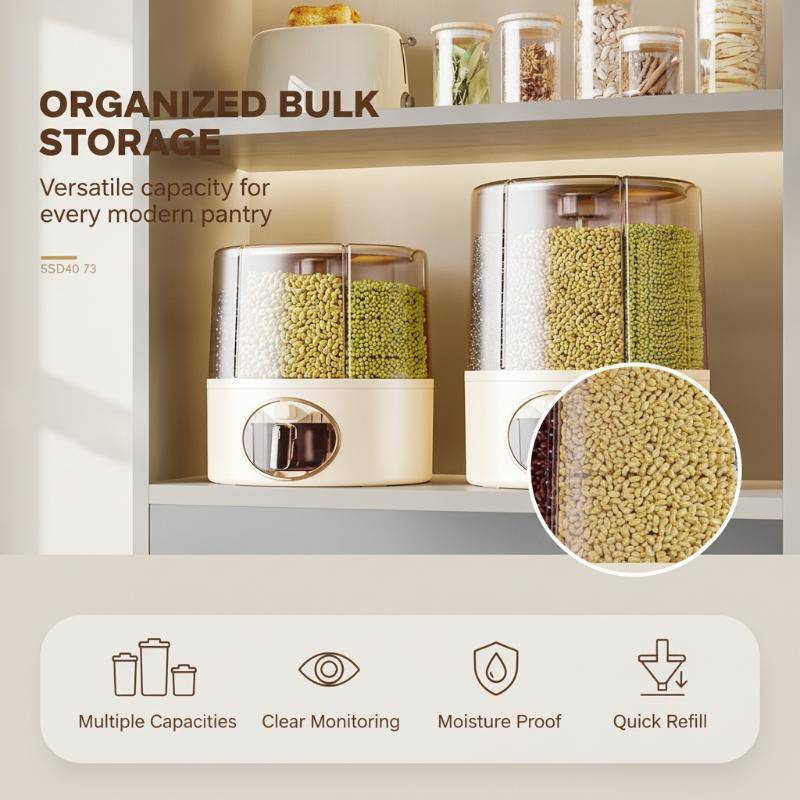 Rotating Grain Storage Container 360 Degree Divided Sealed Rice Dispenser Moisture Proof Insect Proof Food Storage Box